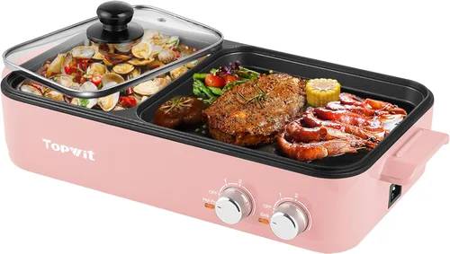 Vista 8 de Topwit Olla eléctrica con parrilla, olla eléctrica antiadherente 2 en 1 para interiores y parrilla para barbacoa coreana, filetes, Shabu Shabu
