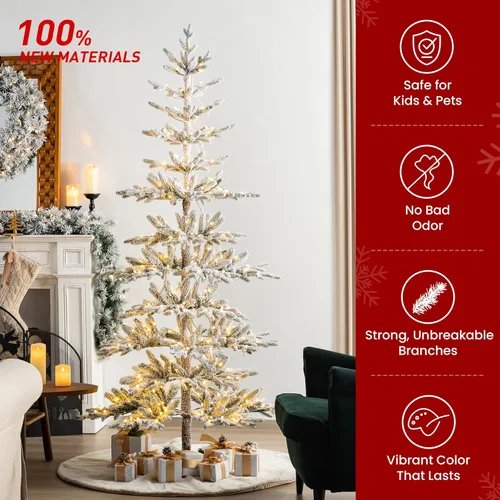 Vista 7 de Glitzhome Árbol de Navidad flocado, árbol de Navidad artificial preiluminado de 7 pies con 400 luces blancas cálidas, abeto de lujo Xmas paisaje