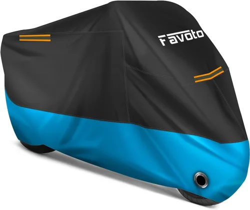 Vista 12 de Favoto - Funda impermeable para motocicleta, universal, duradera, reflectante, protección solar para cualquier temporada, con orificios de seguridad