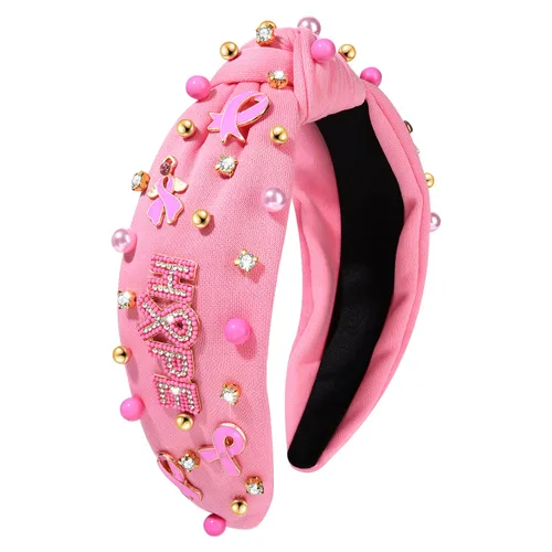 Diadema rosa con lazo de esperanza de cristal y perla, diadema anudada para concientización sobre el cáncer de mama, accesorios para el cabello para