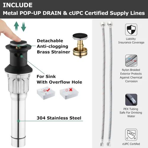 Vista 7 de PARLOS Grifo de lavabo de baño de arco medio de una manija con montaje de drenaje de metal y líneas de suministro de grifo cUPC