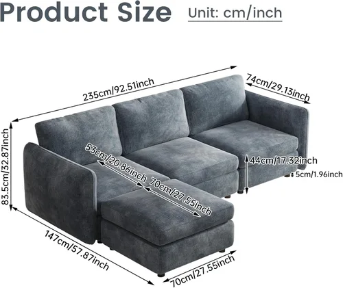 Vista 75 de Guyii Sofá modular de terciopelo, moderno sofá de 4 plazas de gran tamaño con 3 almohadas y reposapiés de almacenamiento, sofá convertible de 115.74