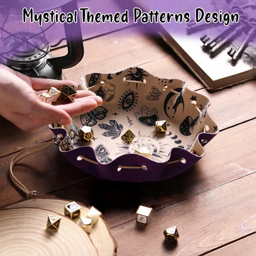 Vista 5 de Bolso morado con cordón enrollable con bandeja de dados de fieltro DND con cordón morado - Perfecto para jugadores de RPG, jugadores de mesa