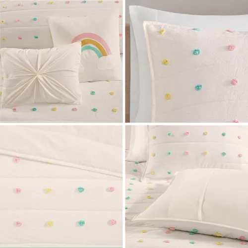 Vista 4 de Intelligent Design Juego de edredón para niños, tejido jacquard de algodón, con detalles coloridos de pompones, para todas las estaciones, ropa