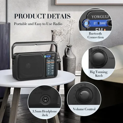Vista 2 de Radio AM FM con la mejor recepción, transistor AM FM portátil Bluetooth, radio a batería o alimentación de CA, dial grande, conector