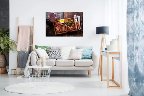 Vista 3 de Lienzo decorativo para pared con carne de res a la parrilla y ensalada con filete de vino, restaurante y comida (12 x 8)