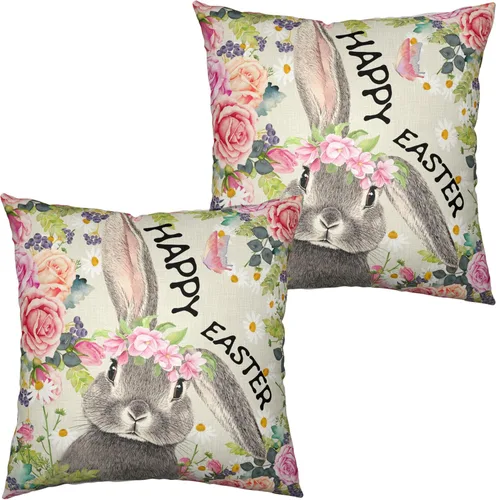 Vista 22 de Juego de 2 fundas de almohada de Pascua de conejo de 18 x 18 pulgadas, fundas de almohada de flores rojas coloridas, fundas de almohada de huevo