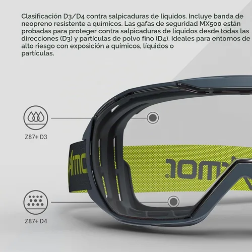 Vista 6 de HexArmor Gafas de seguridad antivaho MX500, diseño sobre las gafas, amplio campo de visión, protección ocular con clasificación de salpicaduras