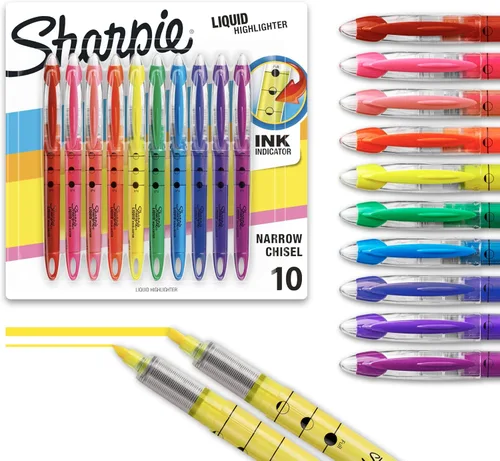 Sharpie Marcadores de Resaltar Líquidos, Punta de Cincel, Colores Surtidos, 10 Unidades - Para Diario, Escuela, Suministros de Estudio