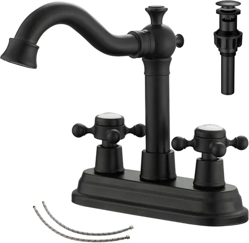 Vista 12 de Grifo de Baño GGStudy de Latón Antiguo de 2 Manijas de 4 Pulgadas Grifo Central de Tocador de Baño con Conjunto de Drenaje y Manguera de Suministro