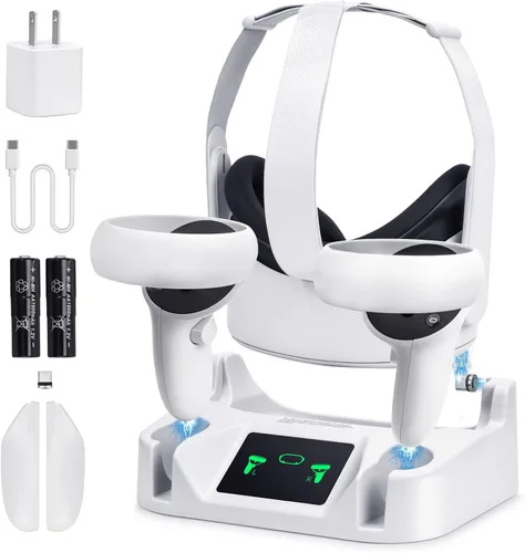 Charging Dock for Meta Quest 2,VR Charging Station for Oculus Quest 2 Touch Controller and VR Headset with 2 Rechargeable Batteries and USB-C