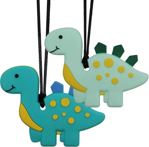 Vista 9 de Collares masticables para niños sensoriales, collar masticable de dinosaurio de silicona para niños con autismo, TDAH, SPD, collares de masticación