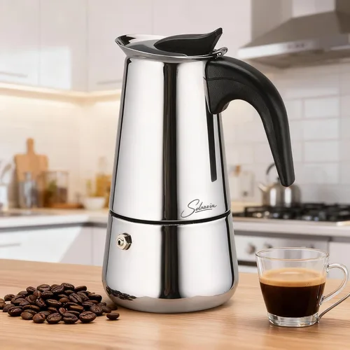 Vista 2 de Cafetera de Espresso 4 Tazas Olla Moka de Acero Inoxidable Percolador, Compatible con Estufas de Gas, Eléctricas, Cerámicas y de Inducción