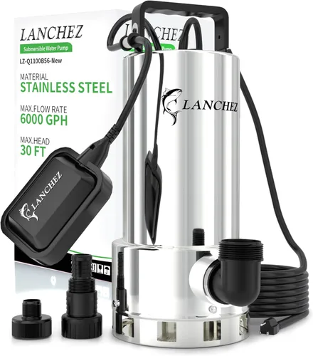 LANCHEZ Bomba de sumidero de 1.6 HP 6000 GPH, bomba de agua sumergible de alto flujo de acero inoxidable con interruptor de flotador, bomba de agua