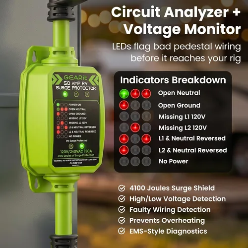 Vista 2 de GEARit Protector de sobretensiones RV de 50 AMP - Analizador de circuito, protector/monitor de voltaje con protección contra sobretensiones
