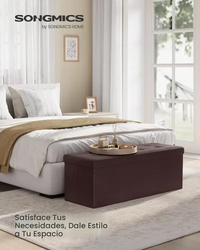 Vista 3 de Banco de asiento plegable otomano Songmics, taburete reposa pies de piel sintética, Madera, Marrón