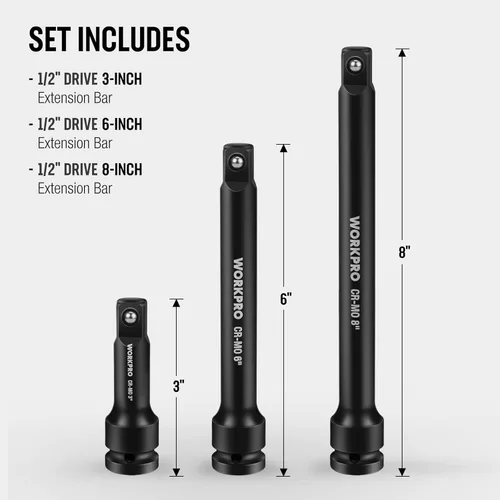 Vista 3 de WORKPRO Juego de barras de extensión de impacto de 1/2 pulgada, 3 piezas - 3, 6, 8 pulgadas de extensión de zócalo, acero CR-MO endurecido y tratado