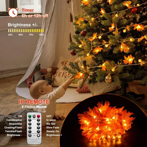 Vista 2 de Guirnalda de hojas de arce iluminada de 32 pies, decoración de otoño de Acción de Gracias, Halloween, otoño, 100 LED, funciona con USB, impermeable