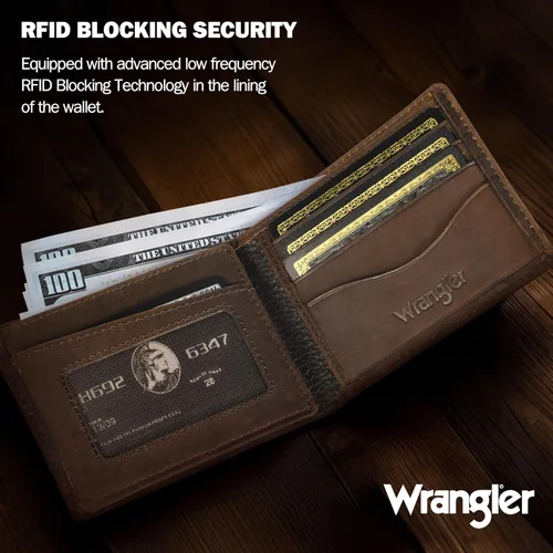 Vista 4 de Wrangler Billetera para hombre con soporte AirTag, billetera de cuero genuino con bloqueo RFID plegable, Casual