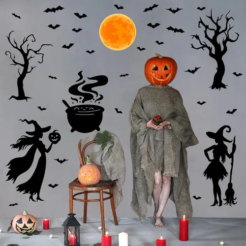 Vista 7 de Calcomanías de Halloween para ventana, calcomanías de brujas negras, calcomanías de pared de Halloween, murciélagos de árbol negro, murales de arte
