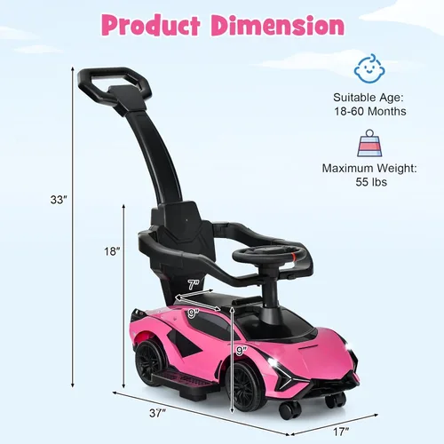Vista 6 de INFANS Lamborghini - Cochecito de bebé 3 en 1, auto deslizante con licencia para caminar con mango de control parental, música, faro, almacenamiento