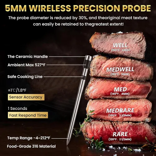 Vista 8 de Termómetro inalámbrico de carne de 800 pies, termómetro digital de cocina con 1 sonda, recargable inalámbrico, función de alarma, termómetro