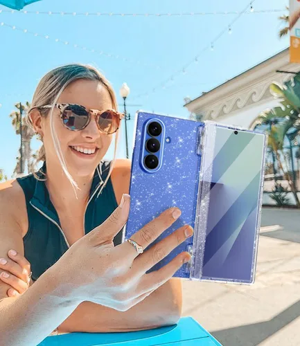 Vista 7 de Btscase Funda para Samsung Galaxy Z Fold 5, protector de pantalla frontal integrado, patrón de mármol dorado con purpurina de policarbonato duro