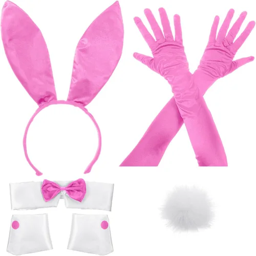 Vista 14 de Zhanmai Juego de accesorios de disfraz de conejo de Halloween para mujer Diadema de orejas de conejo rojo rosa, puños, cola y guantes, accesorio
