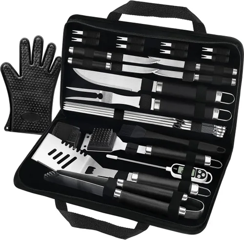 POLIGO Juego de 26 piezas de utensilios para parrilla al aire libre, juego de herramientas de barbacoa de acero inoxidable, accesorios de barbacoa