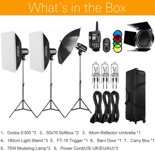 Vista 6 de Godox Kit de 3 luces estroboscópicas E300 de 300 W, con disparador de flash Godox FT-16, estroboscópicos de iluminación fotográfica, caja