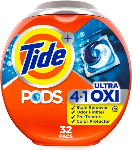 Tide 4-n-1 Ultra Oxi PODS - Paquete de detergente para ropa, 32 unidades, compatible con HE, pretratador integrado para manchas