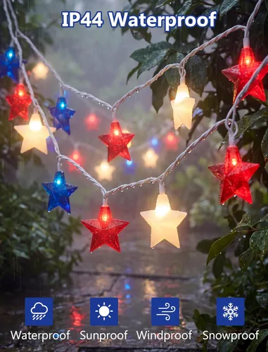 Vista 3 de 8.5Ft Patriotic Red White Blue Star String Lights, 10 LED Plug in Connectable Fairy Lights for 4th of July Independence Day, Outdoor Waterproof Star