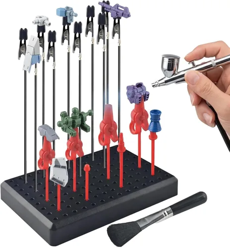 HUBEST Base de soporte de pintura para aerógrafo con 18 clips de cocodrilo, 10 puntas de silicona y 8 abrazaderas de varios tamaños, estación de