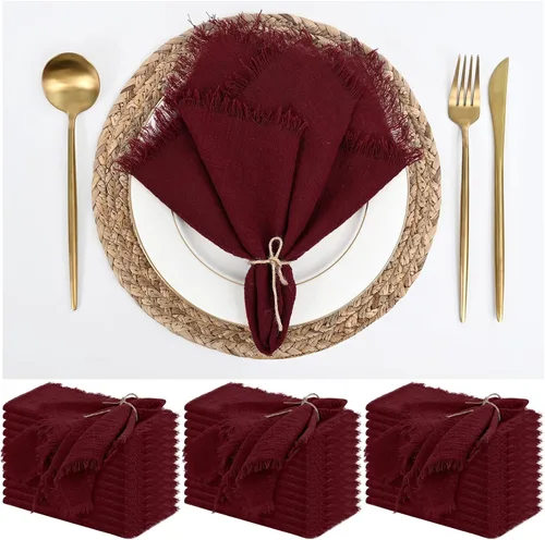 Vista 30 de Paquete de 12 servilletas de lino y algodón beige de 16 x 16 pulgadas, hechas a mano con flecos, servilletas de tela suave, lavables y rústicas