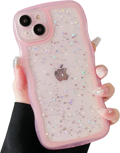 Vista 89 de Qokey para iPhone 14 Plus Funda de 6.7" con diseño de borde ondulado rizado, transparente, con purpurina, brillo, estrellas, brillante, lindo