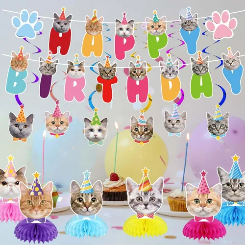 Vista 6 de GOYOSWA Decoraciones de cumpleaños con temática de gato, incluye 1 pancarta de cumpleaños, 6 centros de mesa de panal, 6 espirales colgantes con 6