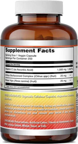 Vista 5 de Amazing Formulas Vitamina C con escaramujos y bioflavonoides cítricos 1000 mg por porción de suplemento 250 cápsulas vegetales Sin OMG Sin