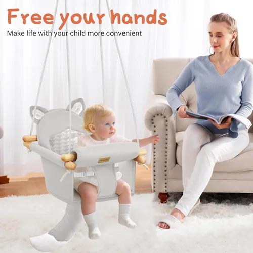 Vista 6 de Columpio colgante de madera para bebé con cinturón de seguridad suave, acogedor asiento de columpio infantil