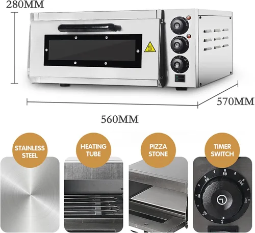 Vista 3 de Horno de pizza comercial, 16 pulgadas de una sola capa, horno eléctrico de acero inoxidable de 2000 W con piedra y estante, multiuso para pizza