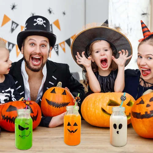 Vista 6 de Pajitas de fiesta de decoración de Halloween, 8 popotes de plástico reutilizables, diseño de esqueleto, calabaza, bruja, lindas pajitas desechables