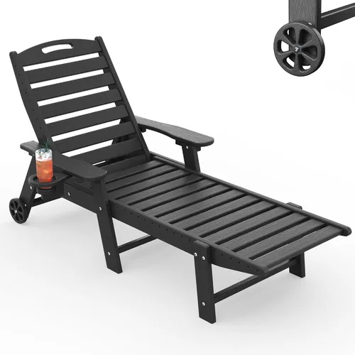 Vista 29 de Tumbona al aire libre, silla de descanso al aire libre con textura de madera, respaldo ajustable de 5 posiciones, silla de salón de polietileno