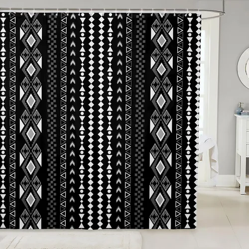 Erosebridal Cortina de ducha bohemia del suroeste, impermeable, con flechas aztecas y diamantes, juego de cortinas de baño geométricas negras y