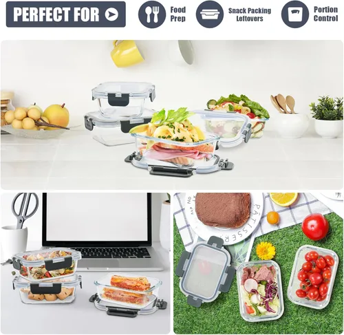 Vista 6 de Paquete de 6 recipientes pequeños de vidrio de 12 onzas para preparación de comidas, recipientes de vidrio para almacenamiento de alimentos con Gris