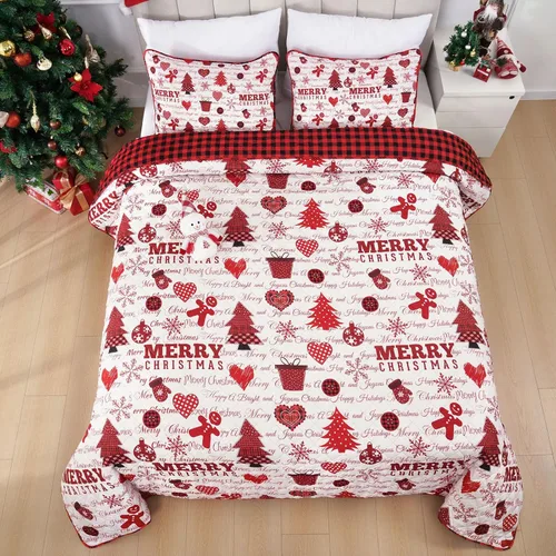 Vista 4 de FRAMICS 3-Piece Christmas Quilt Set Queen Size Holiday Lightweight Reversible Bedspread Coverlet Red Checked Merry Christmas Tree Bedding(1 Quilt, 2