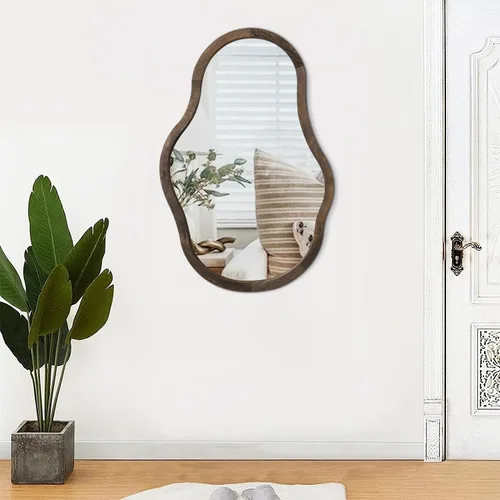 Vista 6 de Espejo con marco de madera irregular para pared, moderno, asimétrico, único, espejo de pared para colgar, espejo artístico ondulado, decoración