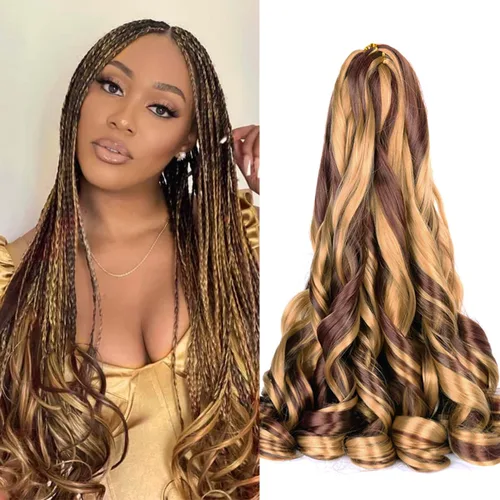 Vista 27 de Extensiones de cabello rizado francés, #4 marrón sintético para trenzar, 2.47 onzas/paquete, extensiones de cabello de ganchillo de 24 pulgadas, 8