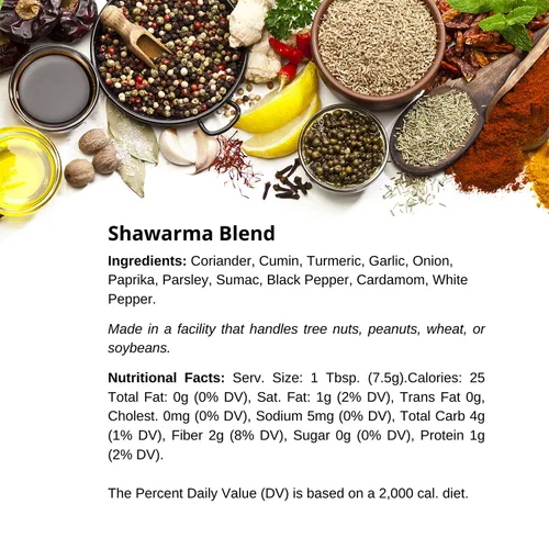 Vista 6 de Condimento de especias Shawarma prémium de Spice + Leaf, 3.5 onzas, Kosher, mezcla de especias veganas sin conservantes para sabor a Medio Oriente.
