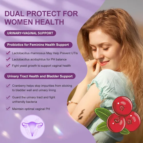 Vista 4 de OMOGS Probiótico para mujer, 180 mil millones de UFC, 18 cepas, con prebióticos orgánicos, extracto de arándano, D-manosa y enzimas digestivas