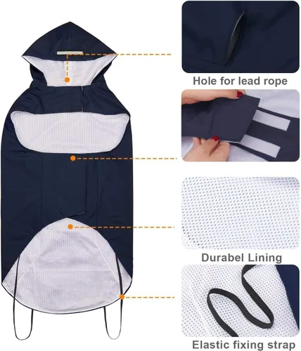 Vista 4 de Impermeable para perro con correa ajustable y agujero para la correa, sudadera con capucha y bolsillo con reflectante, chaqueta impermeable ligera