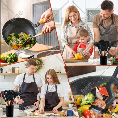 Vista 2 de Juego de utensilios de cocina de silicona de 37 piezas, herramientas de cocina antiadherentes de grado alimenticio con asas de madera, tazas